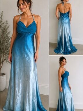 sachin and babi light blue dress Betsy & Adam Charmeuse Halter Neck Ombre Sleeveless Sheath Gown at Hamilton  Place in Chattanooga, TN